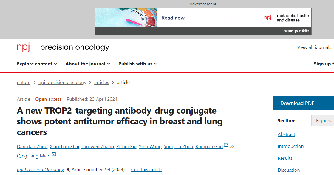 A novel antibody drug conjugate targeting TROP2 has shown potent anti-tumor efficacy in breast and lung cancer