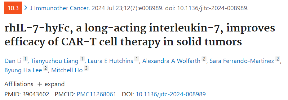 rhIL-7-hyFc improves the efficacy of CAR-T cells in the treatment of solid tumors